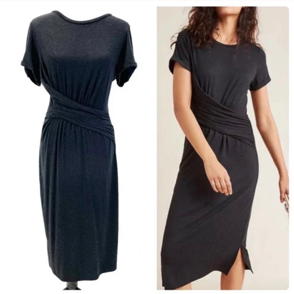 Anthropologie Dresses & Skirts - Anthropologie T-shirt Midi Dress Charcoal Gray Short Sleeve Wrap Front Women M